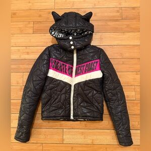 JSB Create Of West Coast Y2K Black, pink, white puffer jacket with cat ears XS/S